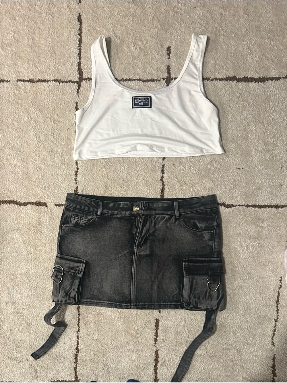 Black Denim Cargo Mini Skirt and crop top with Straps - Women